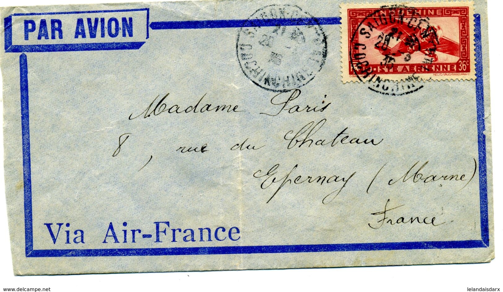 5 Cachets  Saigon Cochinchine Par Avio Via Air Mail à à Paris 8 Rue Du Chateau Epernay    Dossier Factures 8 - 1921-1960: Modern Period
