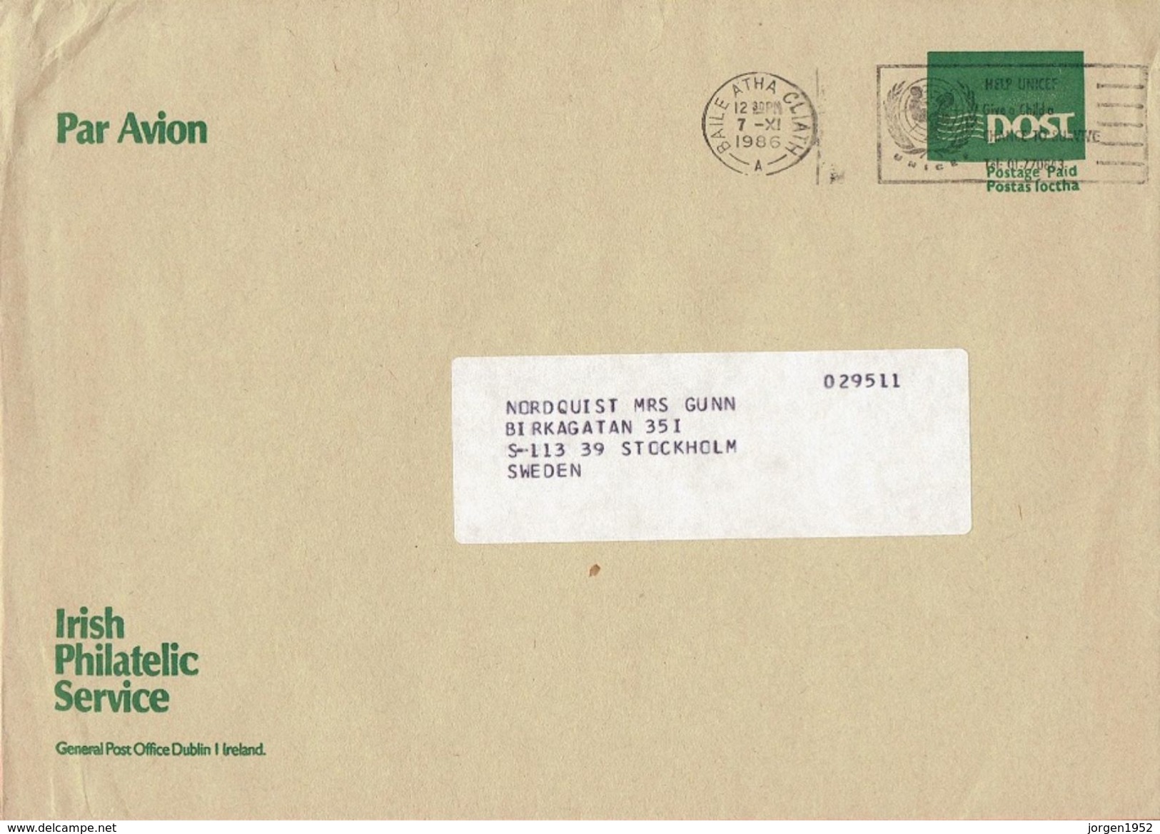 IRELAND  # LETTER FROM 1986 - Altri & Non Classificati