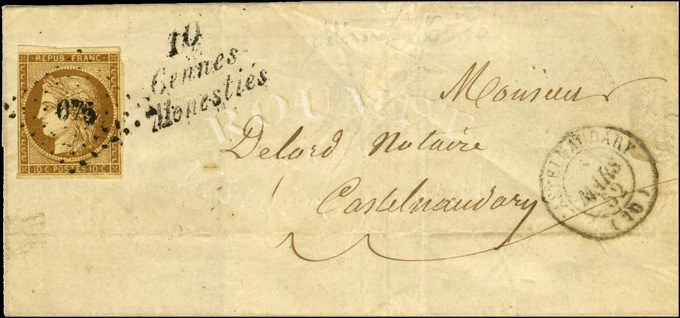 PC 675 / N° 1 (leg Def) Càd T 15 CASTELNAUDARY (10) Cursive 10 / Cennes / Monestiés Sur Lettre Locale. 1852. - TB / SUP. - 1849-1850 Cérès