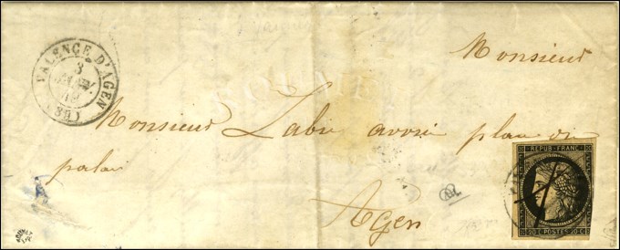 Plume + Càd T 15 VALENCE D'AGEN (85) 3 JANV. 49 / N° 3 (def) Sur Lettre Avec Texte Pour Agen. - TB. - R. - 1849-1850 Ceres