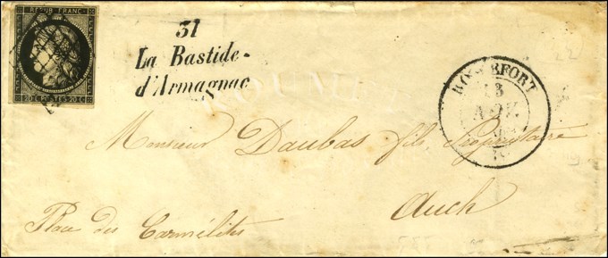 Grille / N° 3 (infime Def) Càd T 14 ROQUEFORT Cursive 31 / La Bastide / D'Armagnac. 1849. - TB / SUP. - R. - 1849-1850 Cérès
