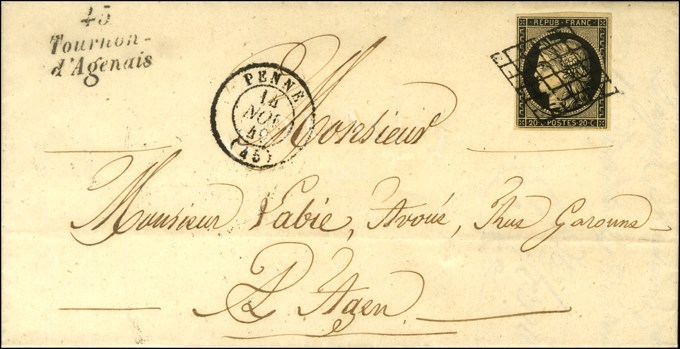 Grille / N° 3 Càd T 15 PENNE (45) Cursive 45 / Tournon / D'Agenais Sur Lettre Avec Texte Pour Agen. 1849. - SUP. - R. - 1849-1850 Ceres