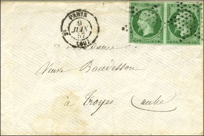 Etoile / N° 12 Paire Vert Foncé Sur Vert Càd PARIS (60) Sur Enveloppe Carte De Visite Pour Troyes. 1857. - TB. - 1853-1860 Napoleon III