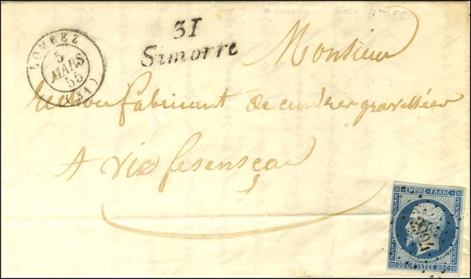 PC 2904 / N° 14 (pli) Càd T 14 LOMBEZ (31) Cursive 31 / Simorre Sur Lettre Avec Texte Pour Vic Fezensac. 1855. - TB / SU - 1853-1860 Napoleon III