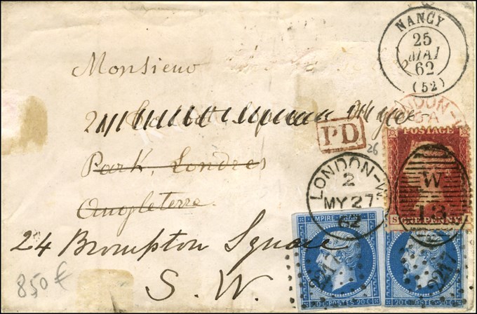 PC 2217 / N° 14 Type 2 (2) Càd T 15 NANCY (52) Sur Lettre Adressée à Londres Réexpédiée à L'aide D'un GB 1 Penny Obl W13 - 1853-1860 Napoléon III