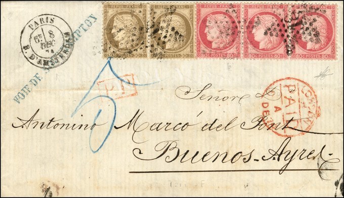 Etoile 18 / N° 56 (paire) + 57 (bande De 3) Càd R. D'AMSTERDAM Sur Lettre 3 Ports Pour Buenos Ayres (Argentine), Taxe 5 - 1871-1875 Ceres