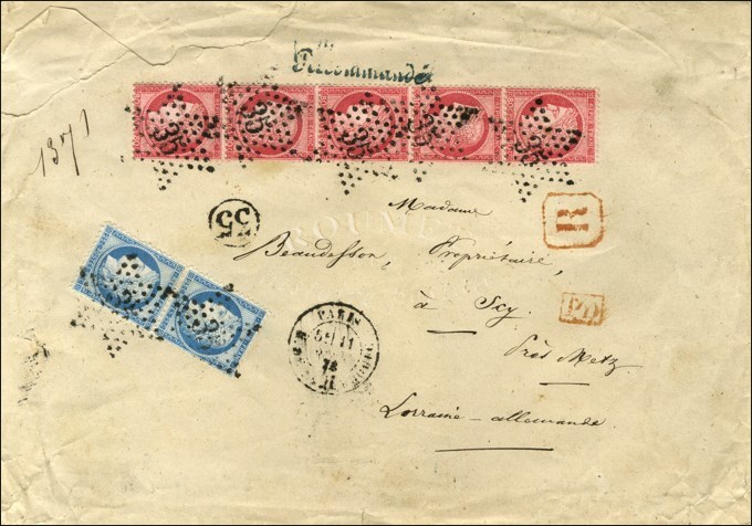 Etoile 35 / N° 57 Bande De 5 + 60 Paire Càd PARIS / R. DE LUXEMBOURG Sur Lettre (déchirure Angle Supérieure Gauche) Reco - 1871-1875 Ceres