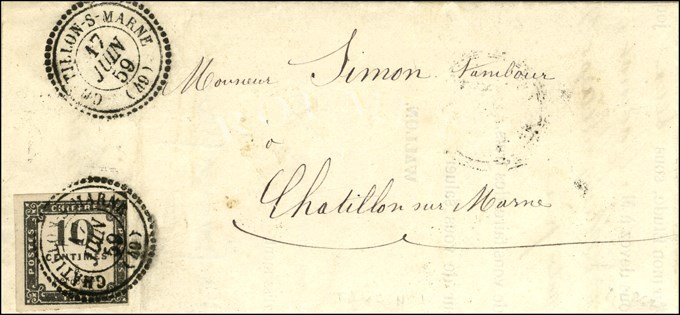 Càd T 22 CHATILLON-S-MARNE (49) / Taxe N° 1. 1859. - SUP. - R. - 1859-1959 Cartas & Documentos
