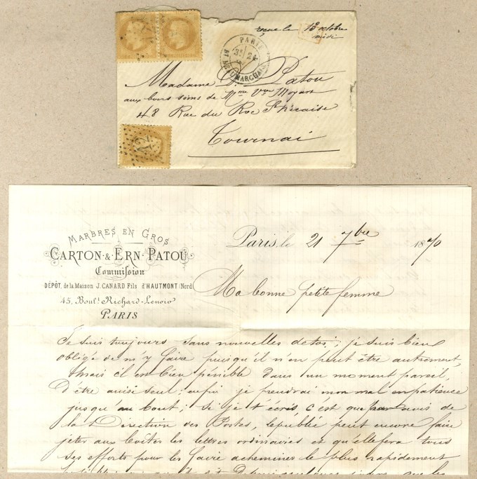 Etoile 12 / N° 28 (3) Càd PARIS / BT BEAUMARCHAIS 21 SEPT. 70 Sur Enveloppe Contenant 2 Lettres Avec En-tête Imprimé Pou - Guerra De 1870