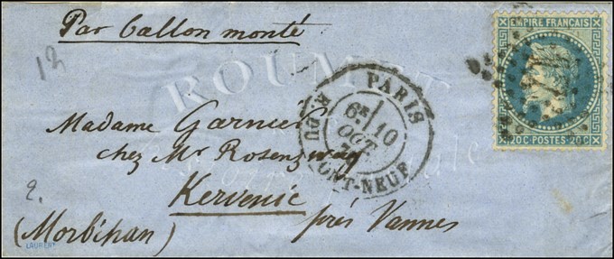 Etoile 17 / N° 29 Càd PARIS / R. DU PONT NEUF 10 OCT. 70 Sur Lettre Sans Texte Pour Kervenic (près Vannes). Au Verso, Cà - Guerra De 1870