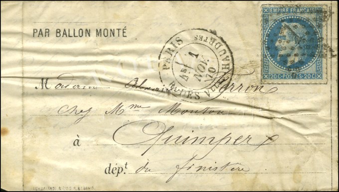 Etoile 7 / N° 29 Càd PARIS / R. DES Vlles HAUDRtes 1 NOV. 70 Sur Lettre PAR BALLON MONTE Pour Quimper. Au Verso, Càd D'a - Guerra De 1870