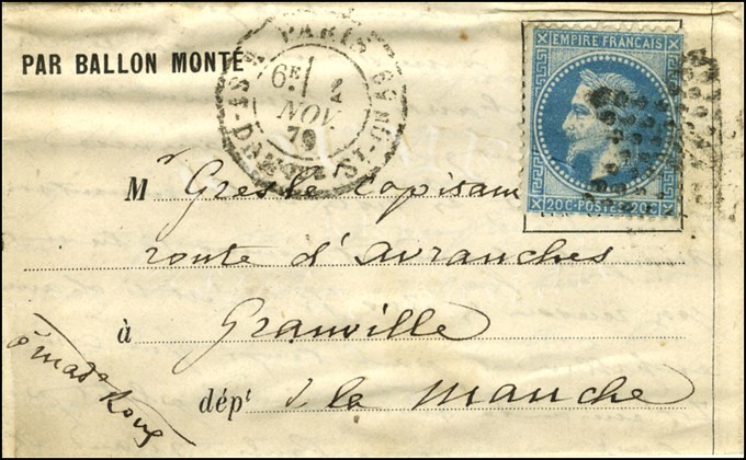 Etoile 20 / N° 29 Càd PARIS / R. ST DOMque ST GN 53 1 NOV. 70 Sur Lettre PAR BALLON MONTE Pour Granville. Au Verso, Càd - Guerra De 1870