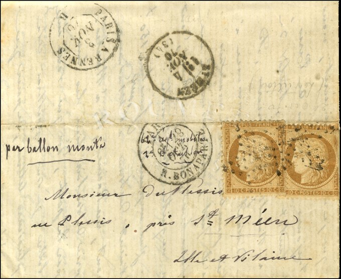 Etoile 15 / N° 36 (2) (1 Ex Def) Càd PARIS / R. BONAPARTE 29 OCT. 70 Sur Lettre Pour Ste Méen. Au Verso, Rare Càd De Pas - Guerra De 1870