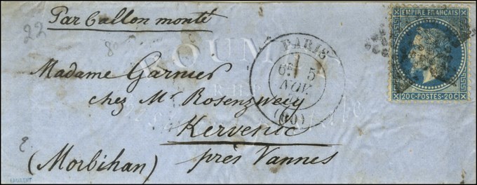 Etoile / N° 29 Càd PARIS (60) 5 NOV. 70 Sur Lettre Sans Texte Pour Kervenic (près Vannes). Au Verso, Càd D'arrivée VANNE - Guerra De 1870