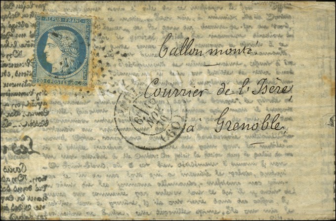 Etoile / N° 37 Càd PARIS (60) 16 NOV. 70 Sur Agence Havas édition Française Adressée Au Courrier De L'Isère à Grenoble. - War 1870