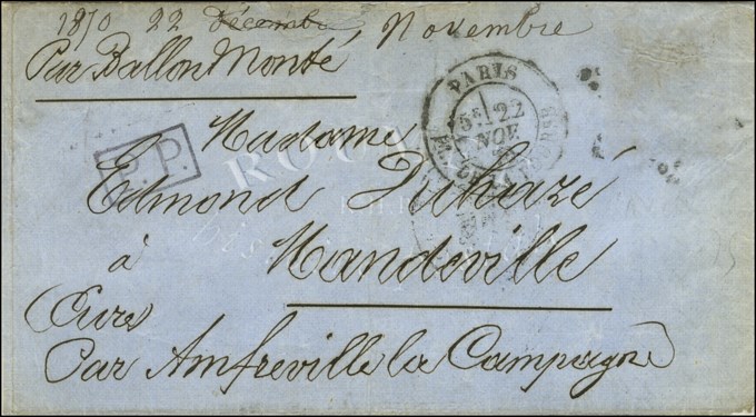 Càd PARIS / PL. DE LA BOURSE 22 NOV. 70 5e Levée + P.P. Pour Timbre Tombé Par Immersion Sur Lettre Pour Mandeville (Eure - Guerre De 1870