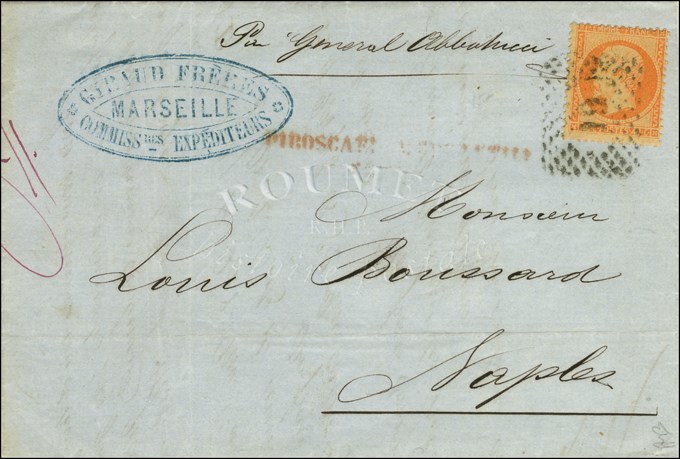 Grille De Naples / N° 24 Sur Lettre De Marseille Pour Naples. Au Verso, Càd D'arrivée 1866. - TB. - R. - Correo Marítimo