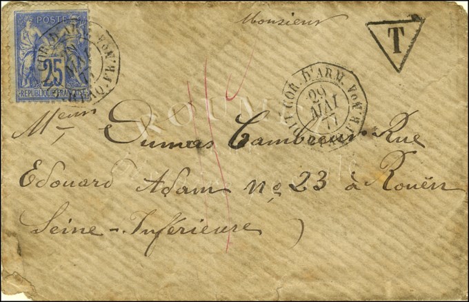 Càd Octo COR. D'ARM. / LIG B PAQ. FR N° 4 / France N° 78 Sur Lettre Pour Rouen Taxée 15c. 1877. - TB / SUP. - R. - Correo Marítimo