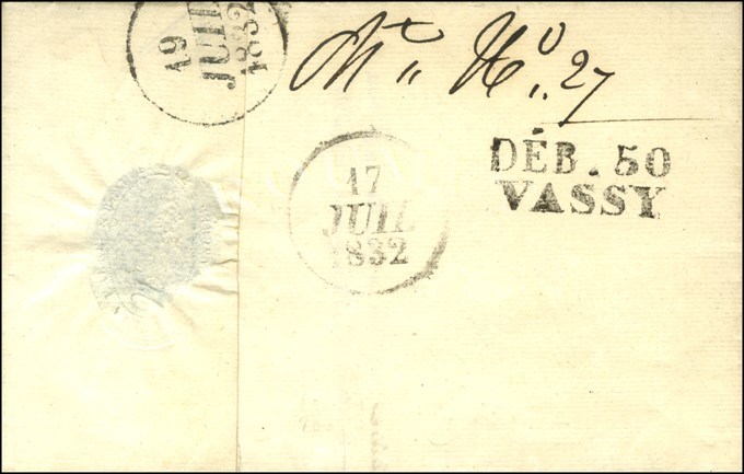 DEB. 50 / VASSY Sur Lettre Avec Texte Daté 1832. - SUP. - R. - Sonstige & Ohne Zuordnung