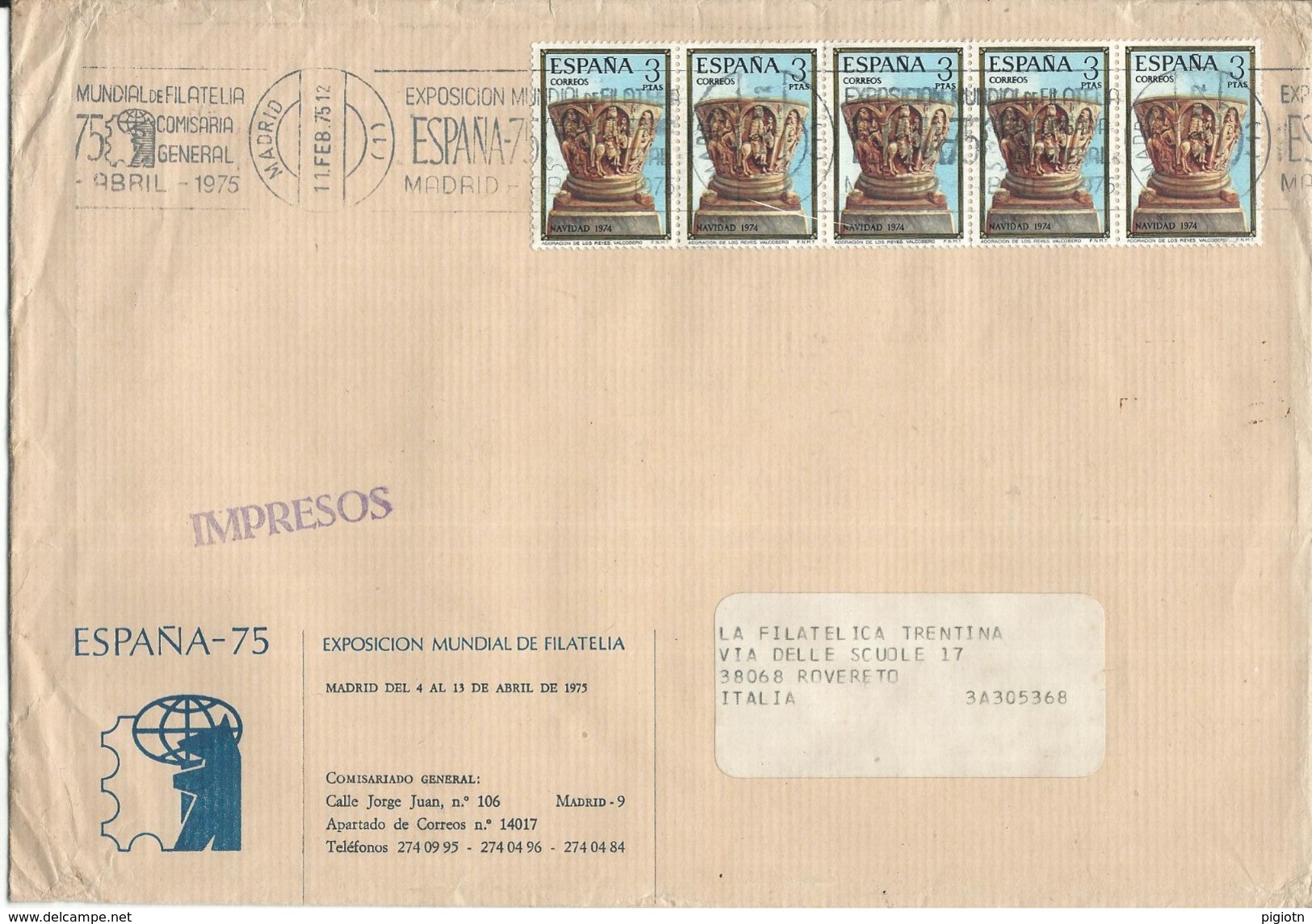 SP019 -SPAGNA - LETTERA DA IRUN A ROVERETO 11.2.1975 - N°1873x5 - CATALOGO UNIFICATO - Storia Postale