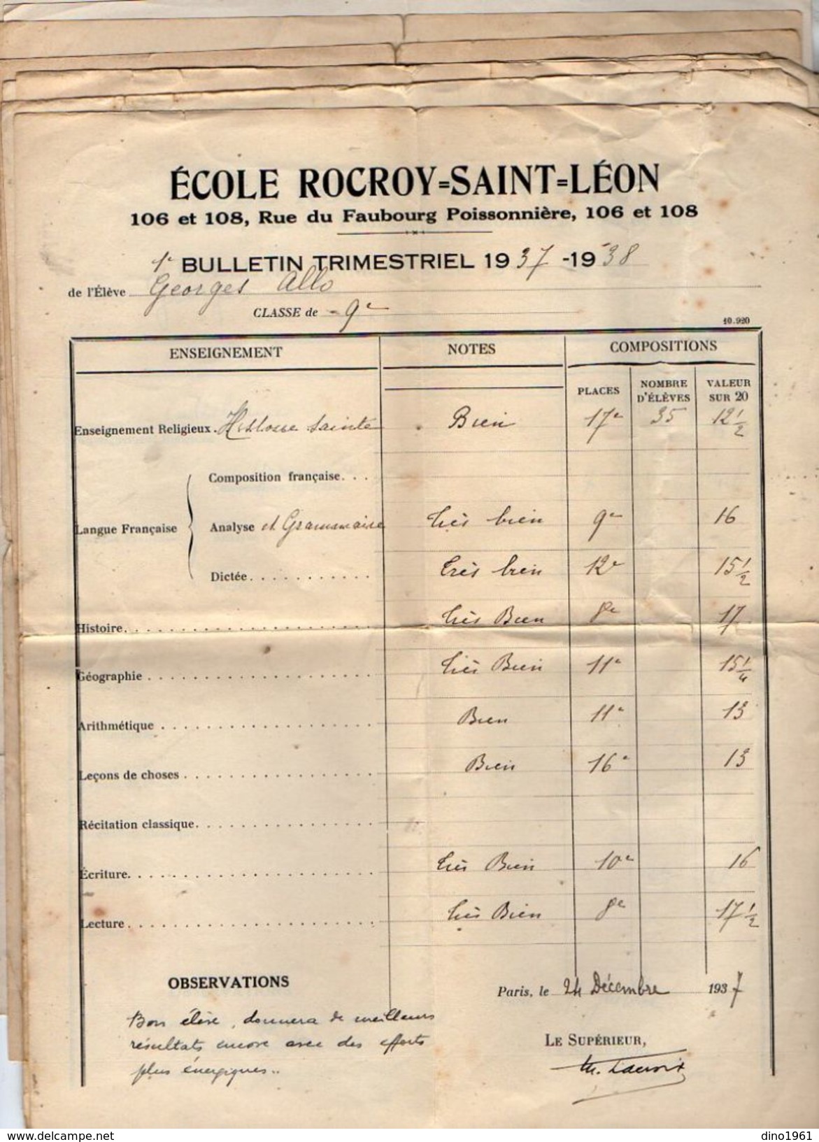 VP10.812 - PARIS - Ecole Rocroy - Saint - Léon - 9 Bulletins Scolaires - Elève ALLO & Divers - Diplômes & Bulletins Scolaires