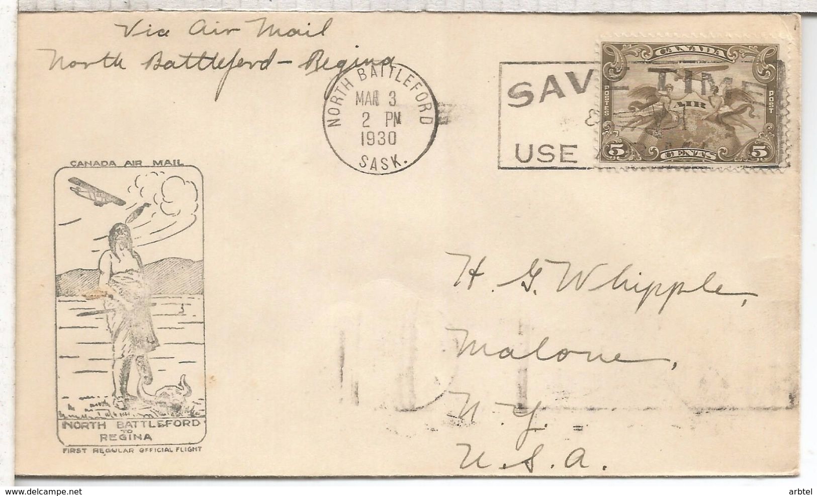 CANADA 1930 AIR MAIL FIRST FLIGHT NORTH BATTLEFORD REGINA INDIO NATIVO AL DORSO LLEGADA - American Indians