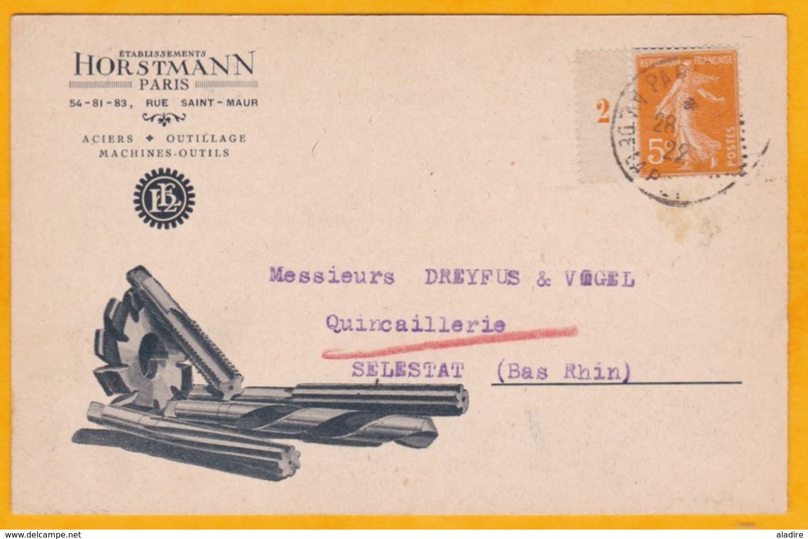 1922 - CP Commerciale Illustrée De Paris Vers Sélestat - Affrt 5 C Semeuse Millésime Seul - Cad Paris Transit - Briefe U. Dokumente