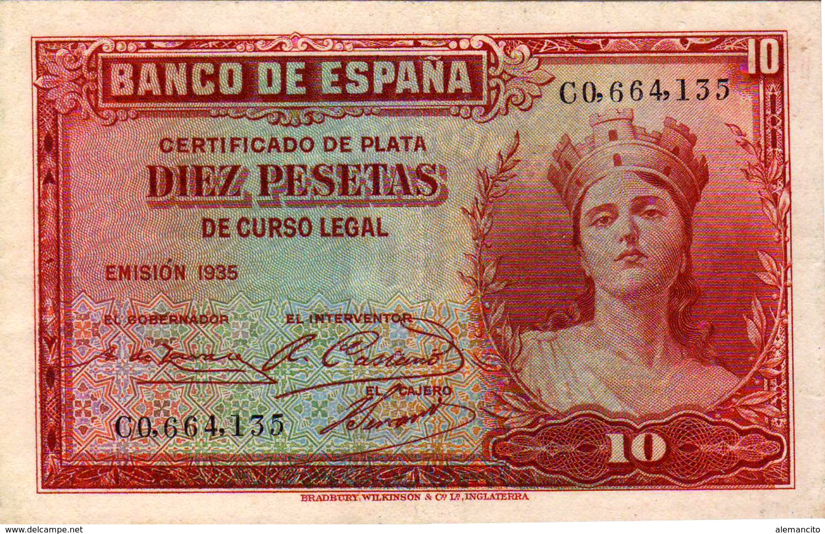 BILLETE DE 10 PESETAS -CERTIFICADO DE PLATA AÑO 1935 - 10 Pesetas