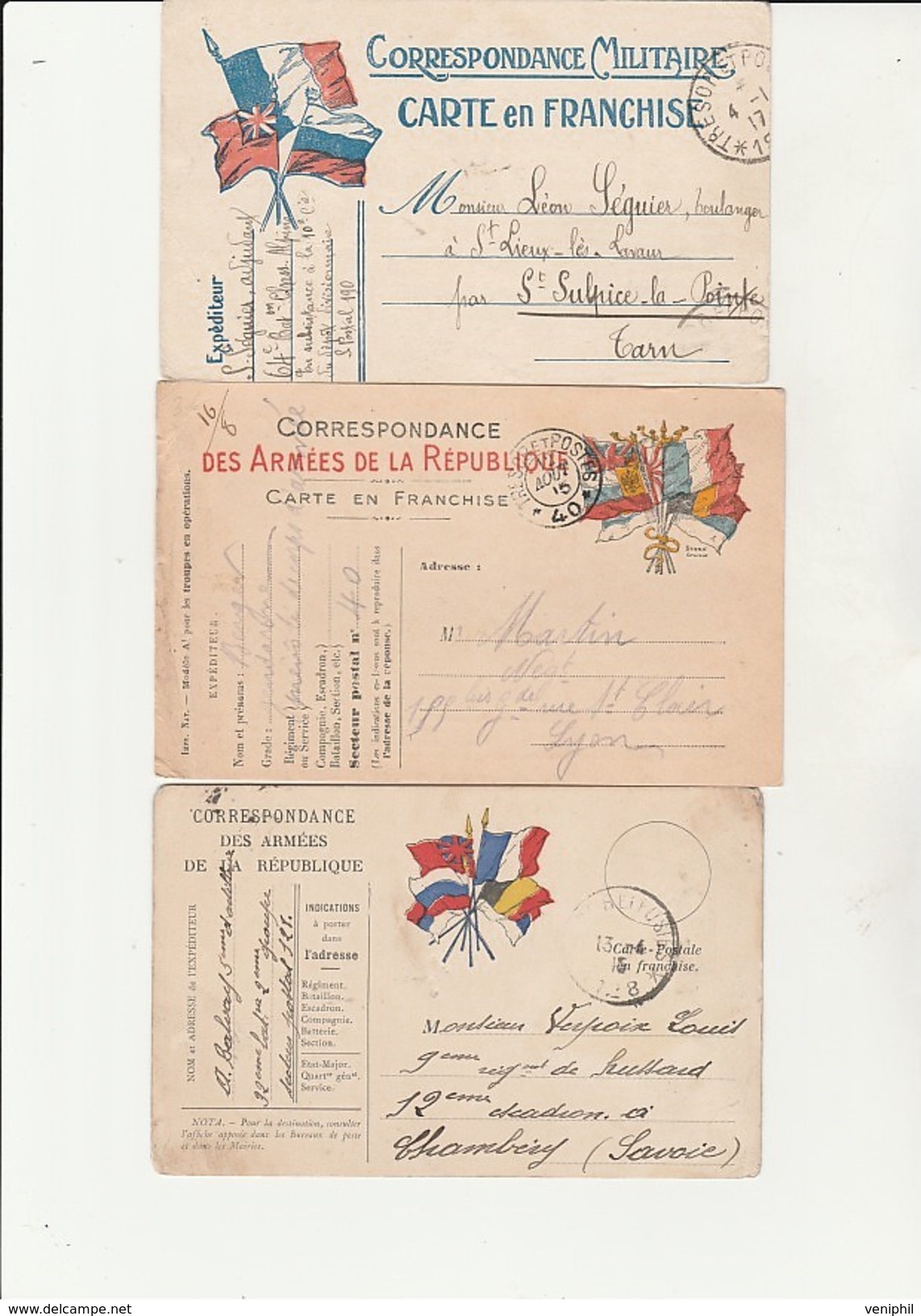 LOT DE 8 CARTES DIFFERENTES  EN FRANCHISE AUX DRAPEAUX 1914-1918 - TOUTES OBLITEREES - WO1