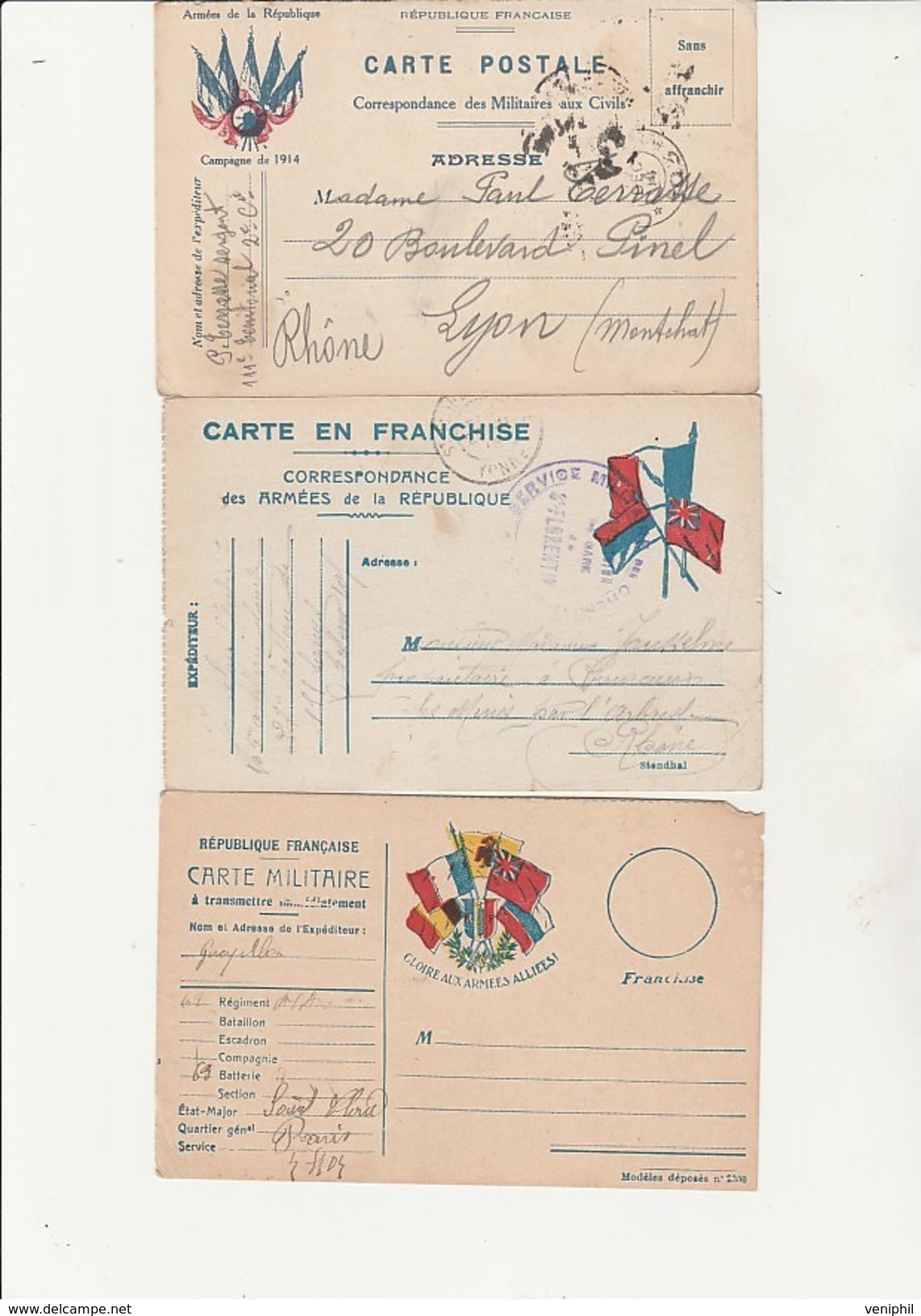 LOT DE 8 CARTES DIFFERENTES  EN FRANCHISE AUX DRAPEAUX 1914-1918 - TOUTES OBLITEREES - WW1