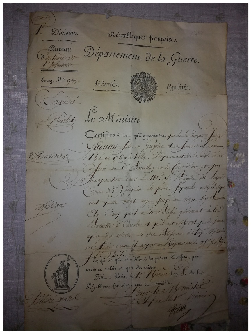 Empire 1799: Certificat De Décès D'un Soldat Blessé A ARCOLE Décédé à La Suite De Ses Blessures - Historical Documents