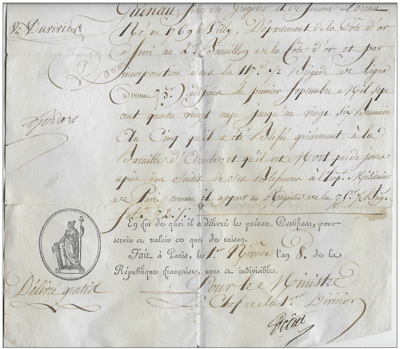 Empire 1799: Certificat De Décès D'un Soldat Blessé A ARCOLE Décédé à La Suite De Ses Blessures - Historical Documents