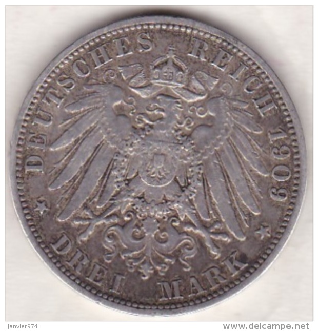 PRUSSIA. 3 Mark 1909 A , Wilhelm II , En Argent, KM# 527 - 2, 3 & 5 Mark Argent