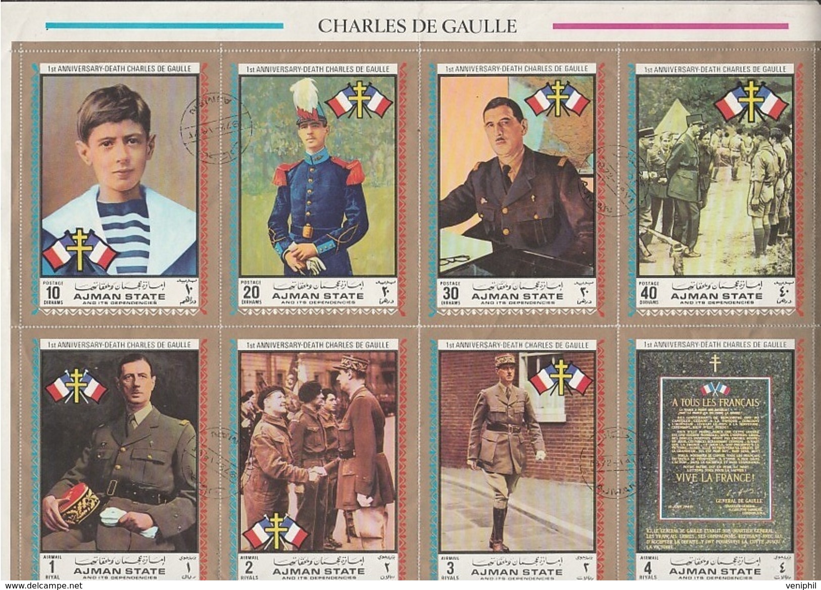 GENERAL DE  GAULLE -TIMBRES GRANDS FORMATS  BLOC 87 +101 - OBLITERE - AJMANN - ARABIE DU SUD EST - De Gaulle (Général)