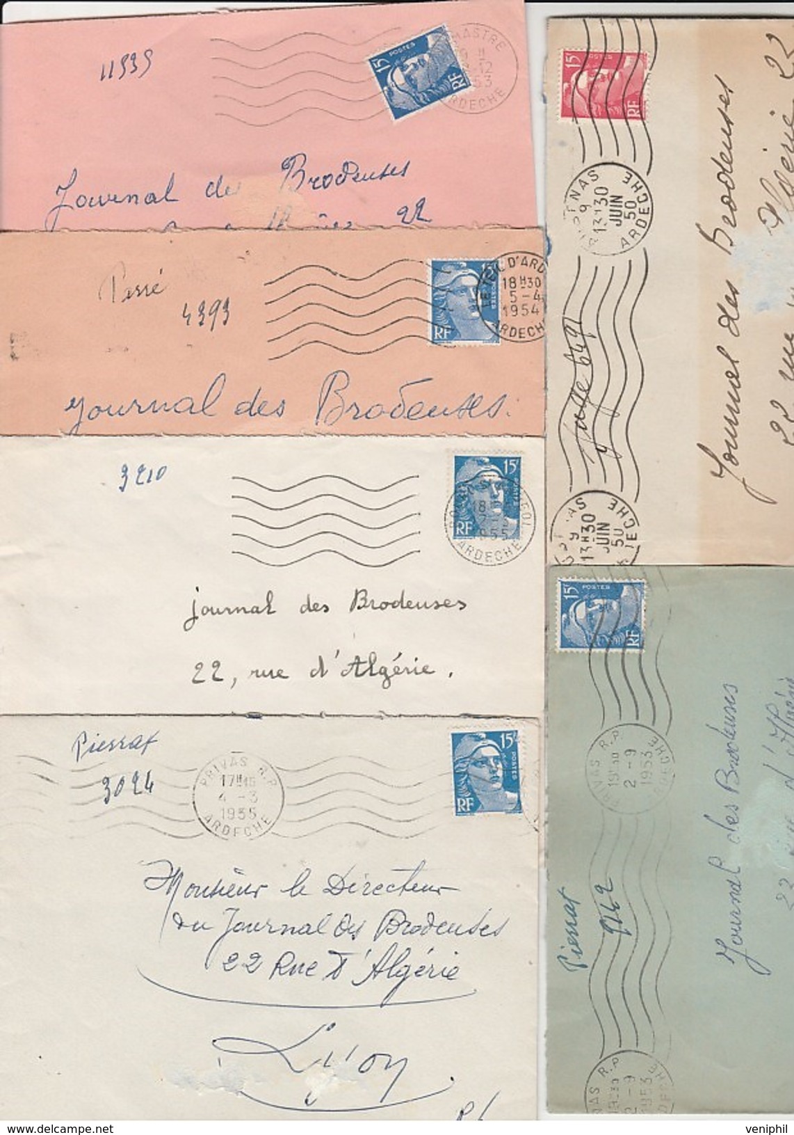 LOT DE 6 LETTRE AFFRANCHIES TYPES GANDON -TOUTES OBLITERATION MECANIQUES 5 LIGNES ONDULEES - ARDECHE - - 1921-1960: Modern Period