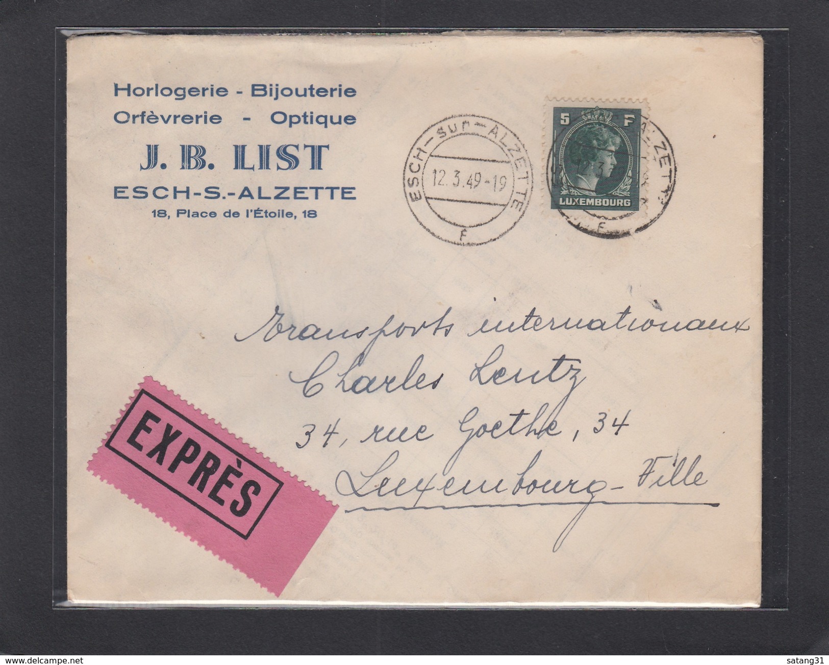 HORLOGERIE-BIJOUTERIE-ORFEVRERIE-OPTIQUE, J.B. LIST,ESCH/ALZETTE.LETTRE EXPRES POUR LUXEMBOURG-VILLE. - Lettres & Documents