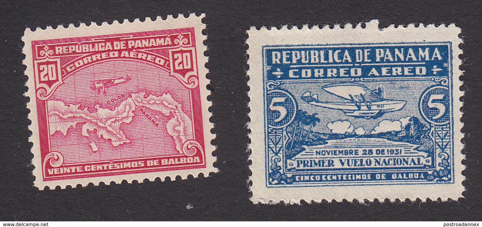 Panama, Scott #C8, C15, Mint Hinged, Map, Amphibian Plane, Issued 1930-31 - Panama