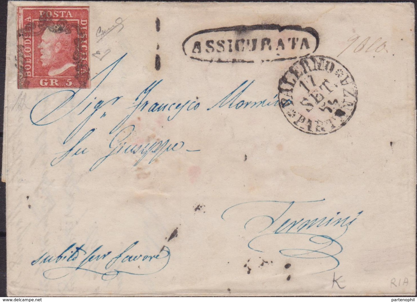 Sicilia - Lettera Assicurata Da Palermo Diretta A Termini Imerese, Affrancata Con 5 Gr. Rosa Carminio I Tav. Margine Di - Sicilië