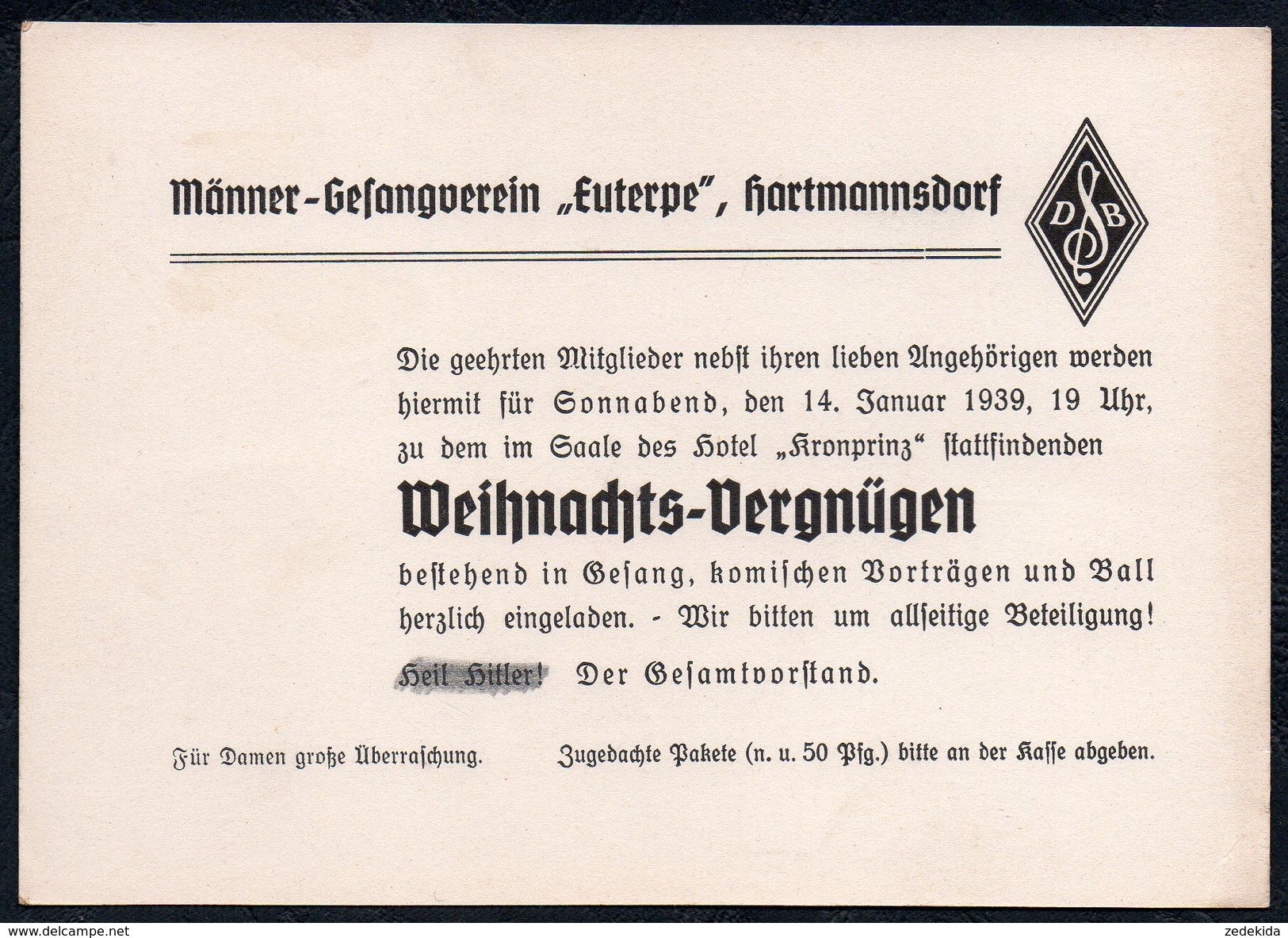 A6881 - Alte Postkarte - Männer Gesangsverein Euterpe Hartmannsdorf 1939 - Hartmannsdorf