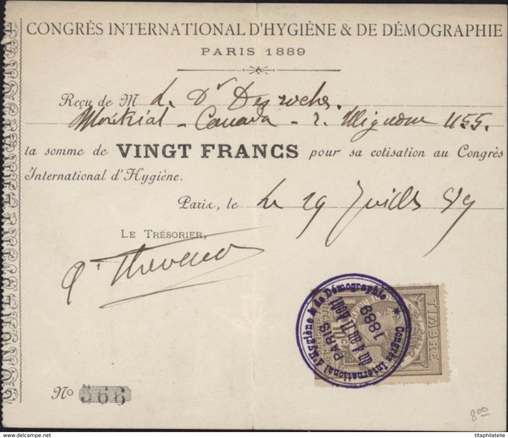 Quittance De Cotisation De 20 F Au Congrès International D'hygiène Et De Démographie Paris 1889 Fiscal 10 Ct - Autres & Non Classés