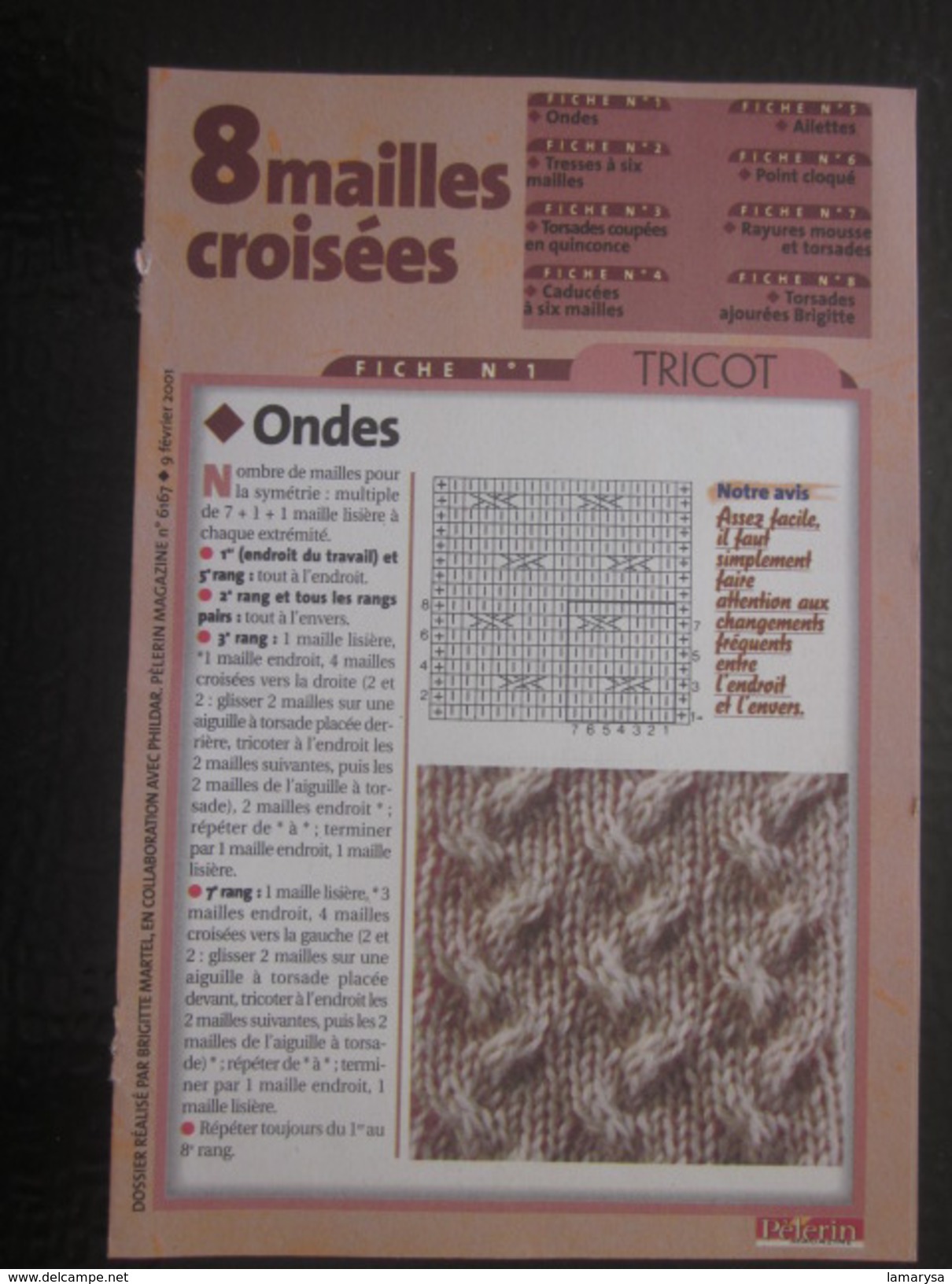 Ouvrage Tricot-8 Motifs Mailles Croisées-Loisirs Créatifs Vintage Décor-Ondes-torsades-tresses-ailettes-caducée-FicheN°1 - Wool