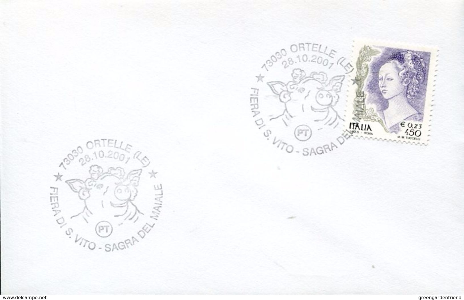 25448 Italia, Special Postmark 2001  Ortelle, Showing A Pig, Porc, Schwein - Hoftiere