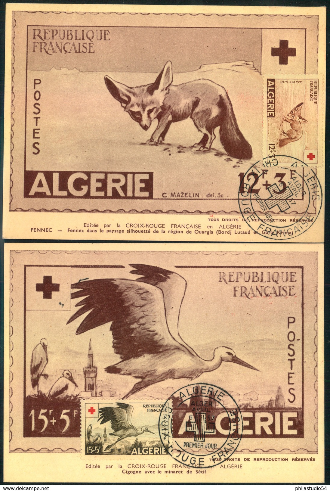 1957, CROIX ROUGE; RED CROSS; ROTES KREUZ - Algerien, Fox, Fuchs, Renard, Stork, Storch, Cigne - Maxi Card - Rotes Kreuz