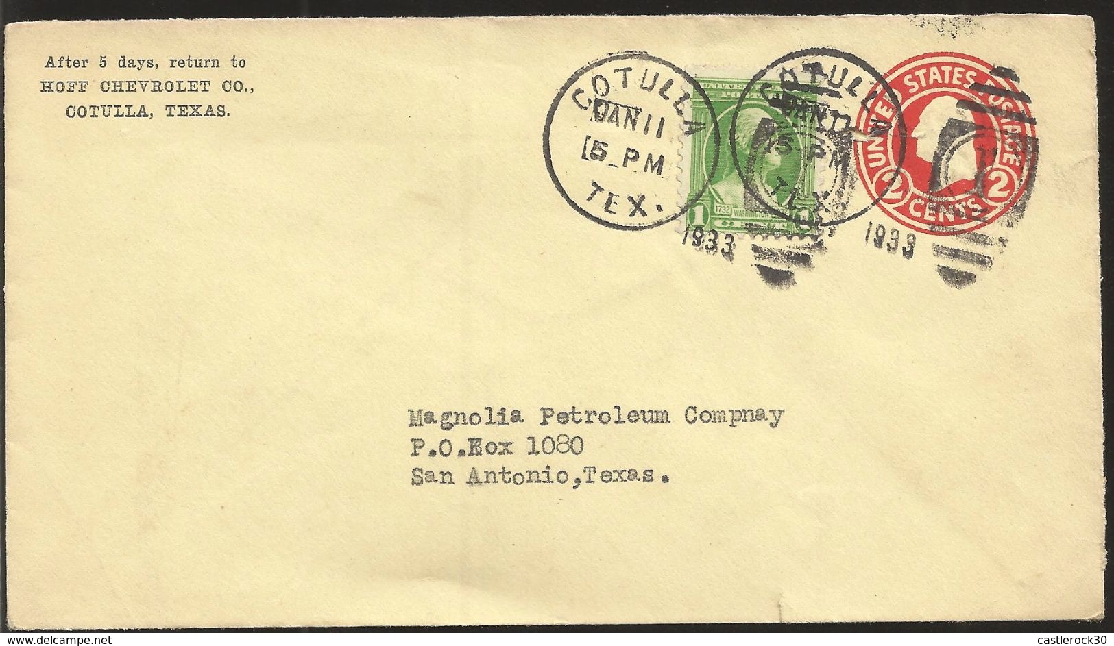 A) 1933 USA, GEORGE WASHINGTON PROFILE PORTRAIT, 1 Y 2 CNTS, COTULLA CANCELLATION TEX, CIRCULATED COVER IN US. - Usados