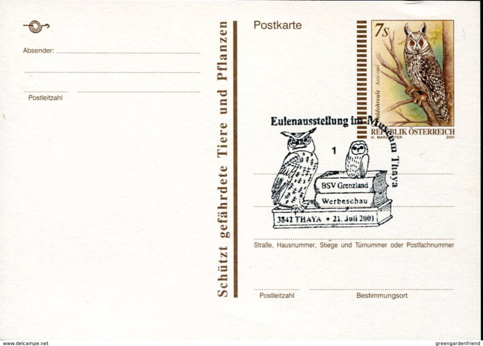 25472 Austria, Special Postmark 2001,  Owl,  Hibou, Eule - Eulenvögel