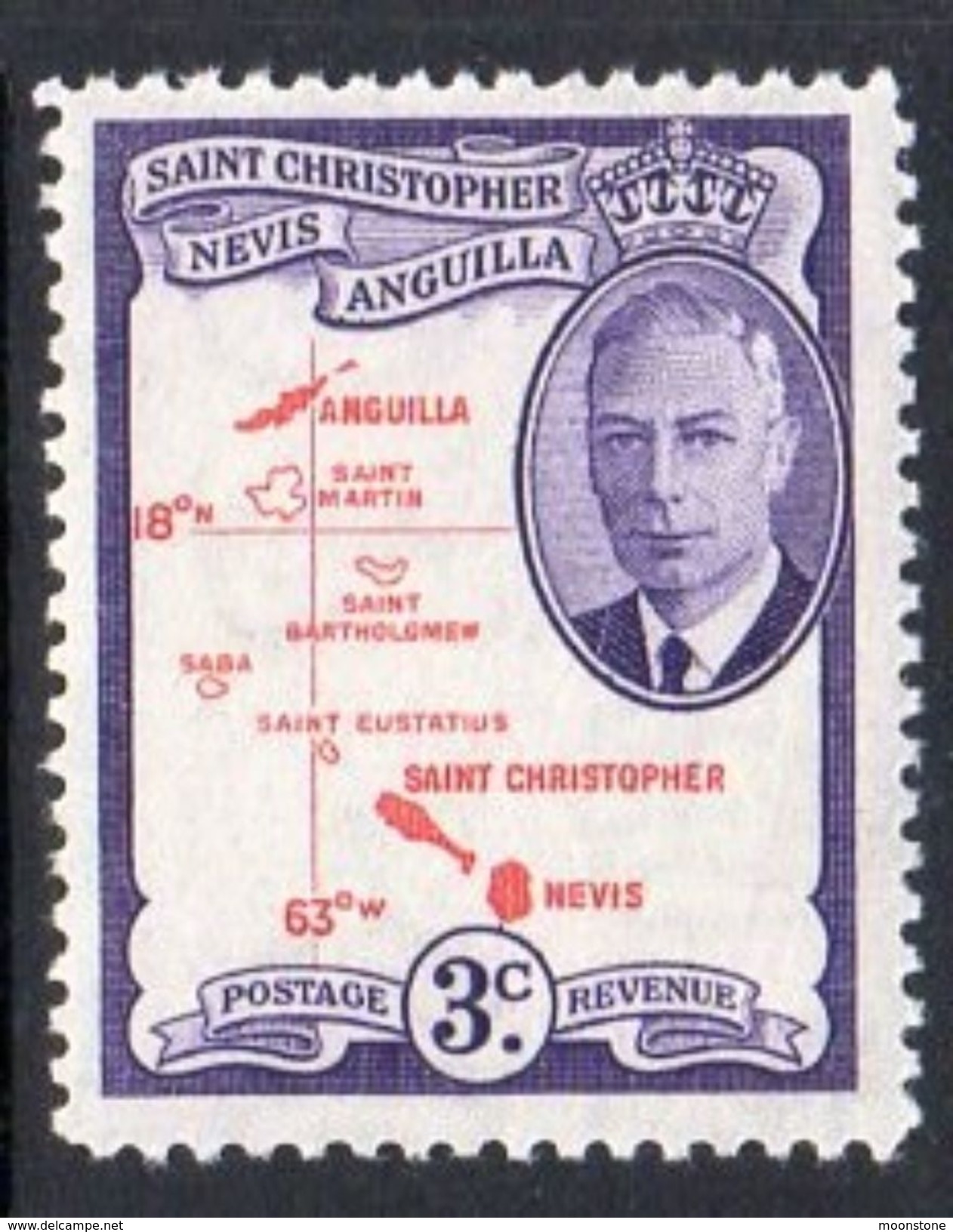 St. Kitts GVI 1950 3c Map Of The Islands Definitive, MNH, SG 96 - St.Christopher-Nevis-Anguilla (...-1980)