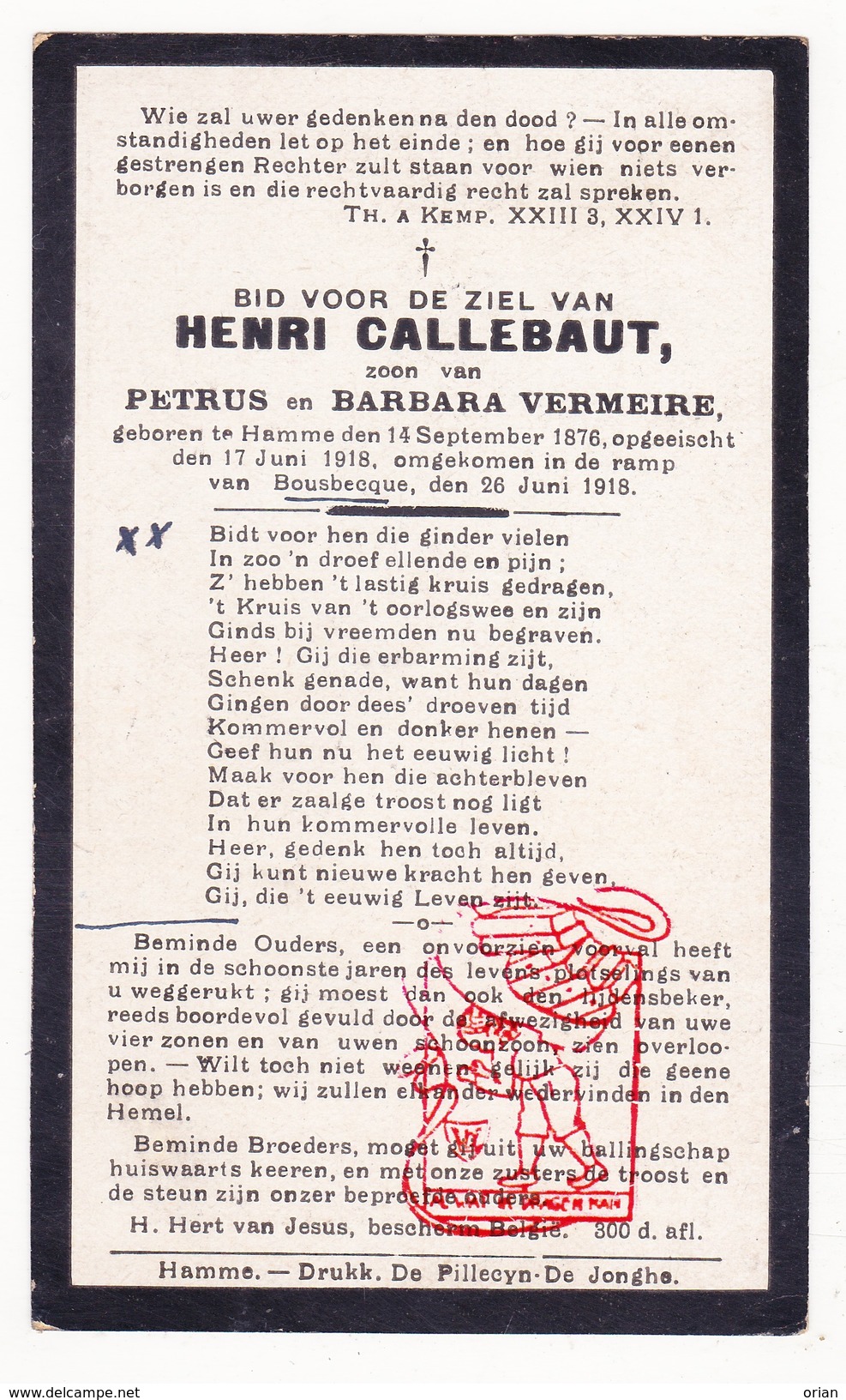 DP Opgeeist Gesneuveld Tombé WO I Oorlog Guerre 14-18 Henri Callebaut Vermeire ° Hamme &dagger; Bousbecque Boesbeke FR - Images Religieuses