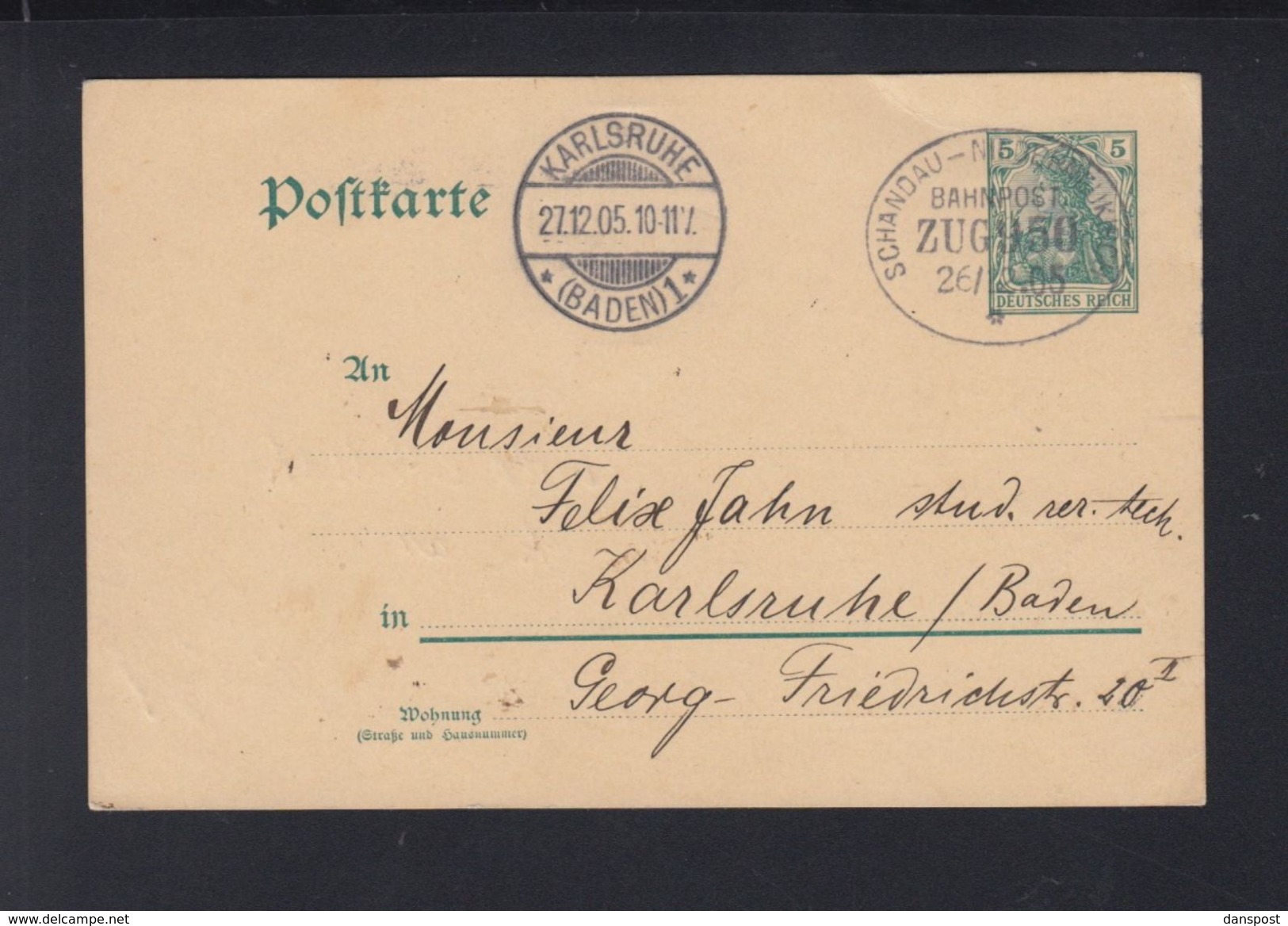 Dt. Reich GSK 1905 Bahnpost Nach Karlsruhe - Briefe U. Dokumente