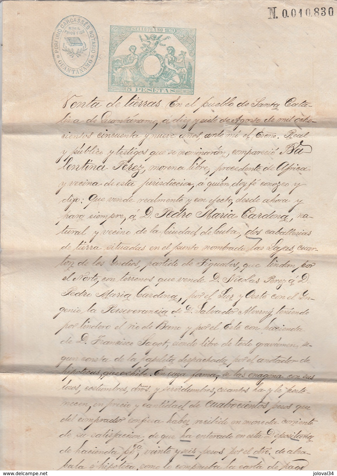 Manuscrit 4 Pages Santa Catalina De Guantanamo CUBA 4/10/1879 - Papier Timbré - Vente De Terre  - Signature - Historische Dokumente