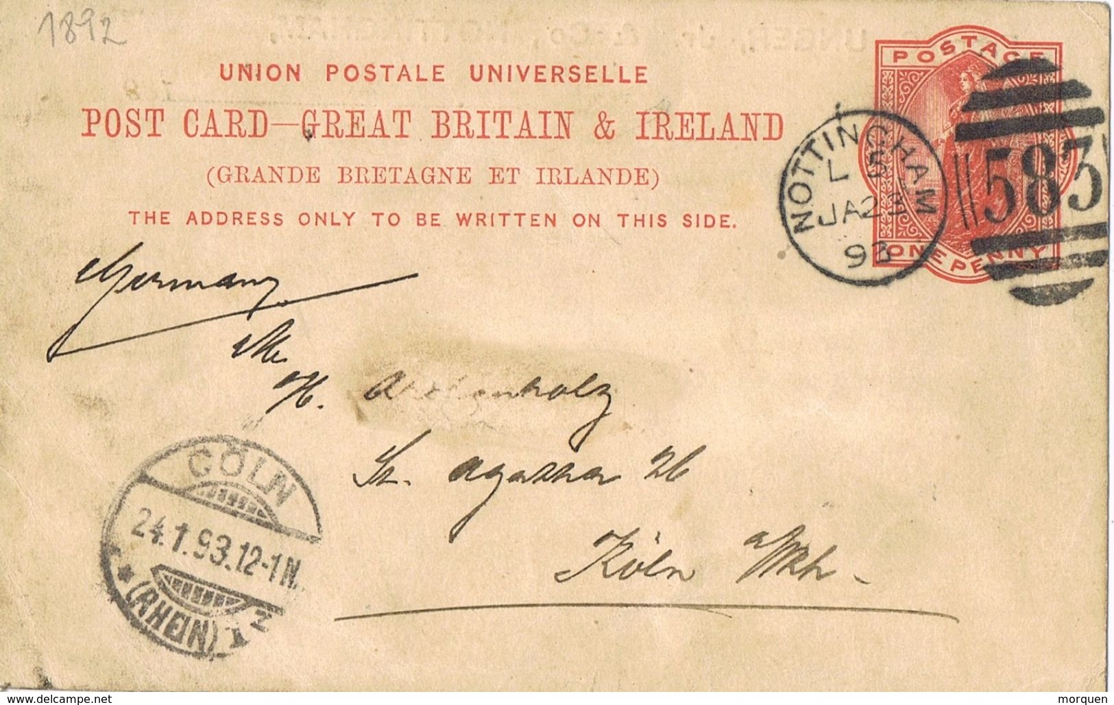 25613. Entero Postal NOTTINGHAM (England) 1893, To Germany. Gride 583 - Briefe U. Dokumente